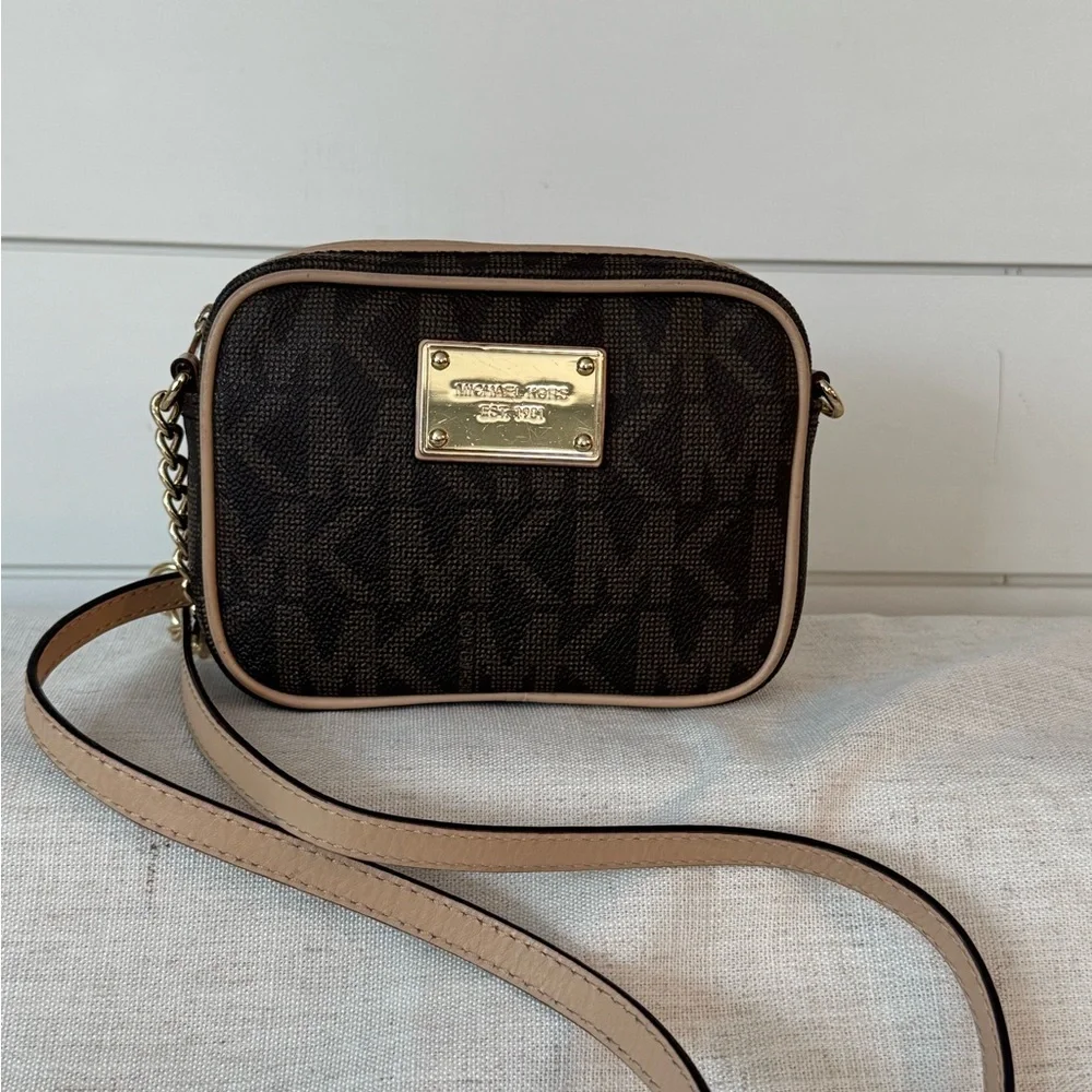 Michael Kors Dark Brown Monogram Camera Crossbody Bag with Gold Accents